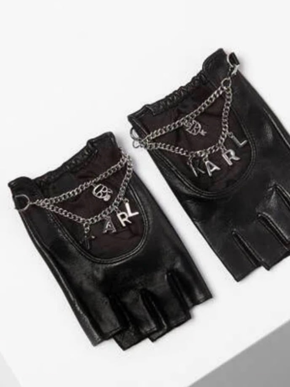 Karl Lagerfeld Black Fingerless Leather Gloves with Silver Chain Charms